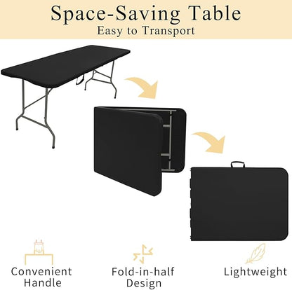 Folding Tables with Carrying Handle Lightweight Rectangular Portable Plastic Camping Table Steel Legs for Party, Dining, Wedding, Events, Picnic Indoor, Outdoor (5FT, Black)
