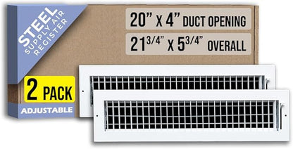 [2 Pack] Fits 20x4 Duct Opening Steel Adjustable Air Supply Grille by Handua | Register Vent Cover Grill for Sidewall and Ceiling | White | Out. Dim.: 21.75" X 5.75"