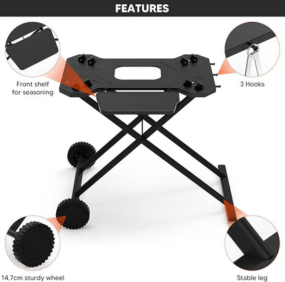 Stanbroil Portable Grill Cart for Weber Q Series Gas Grills, Upgrade Heavy-Duty Grill Stand for Weber Q1000, Q1200, Q1400, Q2000, Q2200, Q2400 with Fold Shelf & Hooks, Comes in One Piece