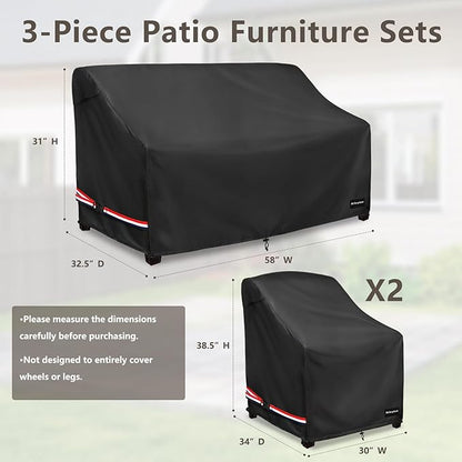 Patio Furniture Covers,3 Piece Heavy Duty Waterproof Outdoor Furniture Covers,Outdoor Furniture Cover for Patio Furniture,Includes 2 Patio chair covers 30in and 1 Patio loveseat cover 58in,Black