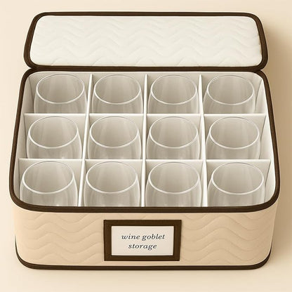 Wine Glass Storage Box with Dividers - Stemware Storage Case, Durable Quilted Microfiber Bin with Carry Handles, Protects Fine China - (2 Pack, Red & White Wine Glass)