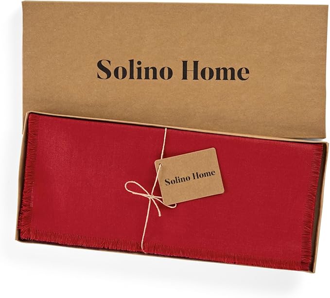 Solino Home Fringe Linen Table Runner 60 Inches - 100% Pure Linen Cherry Red Table Runner 14 x 60 Inch Ideal for Dresser and Coffee Tables - Valentines