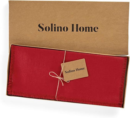 Solino Home Fringe Linen Table Runner 60 Inches - 100% Pure Linen Cherry Red Table Runner 14 x 60 Inch Ideal for Dresser and Coffee Tables - Valentines