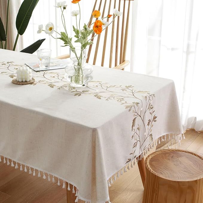 Pahajim Rustic Linen Tablecloth Cotton Waterproof Table Cloth for Kitchen Dining with Tassel Rectangle Tablecloths Rectangle/Oblong,55''x71'',4-6 Seats