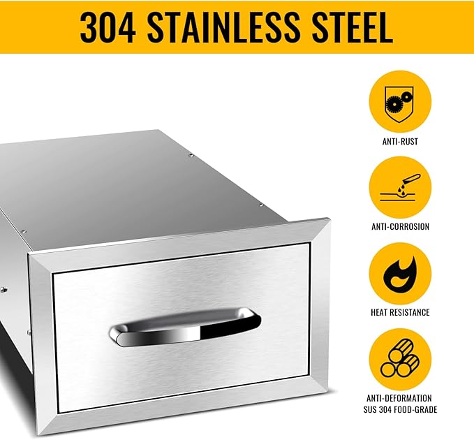 Outdoor Kitchen Drawers, Flush Mount Triple Access BBQ Drawers With Stainless Steel Handle, BBQ Island For BBQ Island Patio Grill Station,Single Drawer
