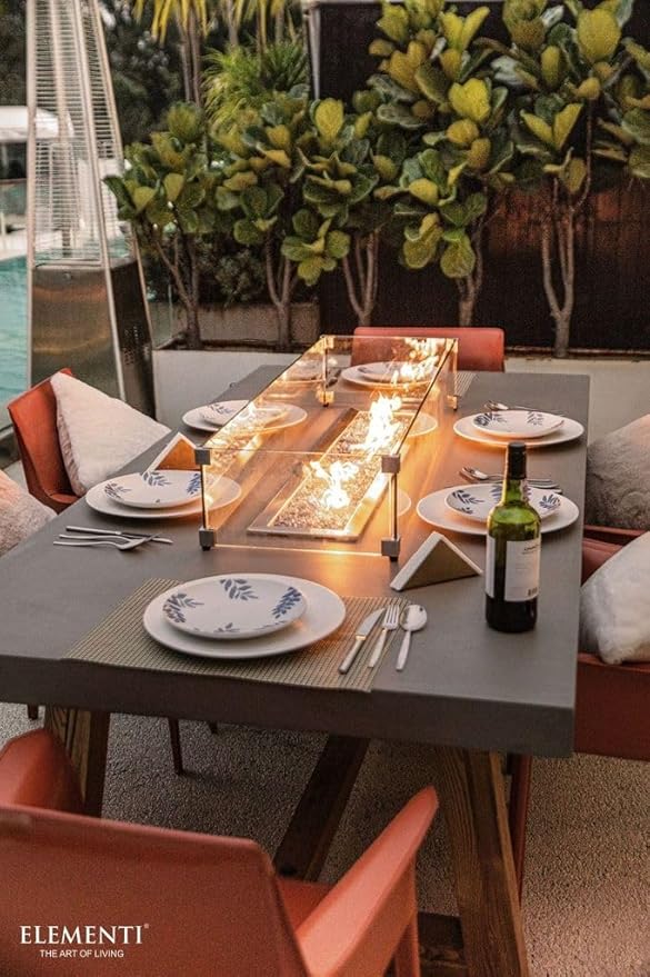 Elementi | Bundle Sonoma Gas Fire Pit Cast Concrete Rectangular Dining Fire Table, Outdoor Fire Pit Electronic Ignition | Canvas Cover, Lava Rock Included | Propane Gas