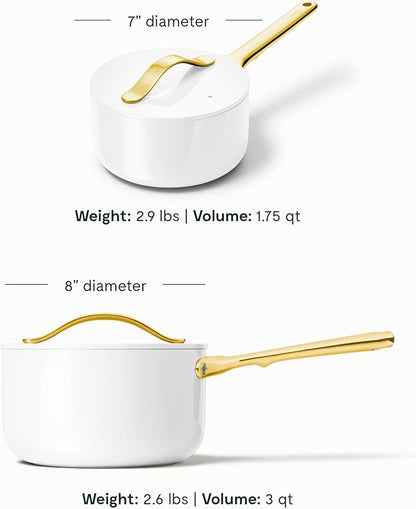 Caraway Nonstick Ceramic Sauce Pans with Lids (3 qt & 1.75 qt) - Non Toxic, PTFE & PFOA Free - Oven Safe & Compatible with All Stovetops (Gas, Electric & Induction) - White
