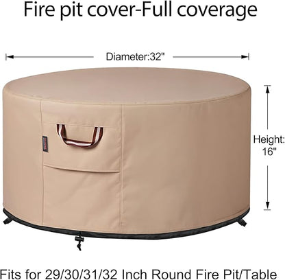 QH.HOME Fire Pit Cover Round-29-32 Inch Heavy Duty 900D Strong Tear-Resistant and UV Resistant and Waterproof and Fading Resistant Material Polyester Firepit Covers Round for Outdoor Fire Pit-Wheat