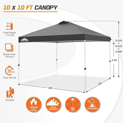 EAGLE PEAK Pop Up Canopy Tent with Wheeled Carry Bag, 8 Stakes, 4 Ropes, 4 Weight Bags, Easy Set Up Tent Canopy, 10x10 ft, 100sqft of Shade, Gray