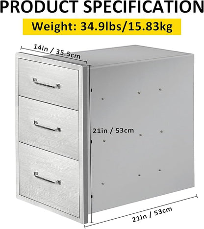 Outdoor Kitchen Drawers 14" W x 21"H x 21"D Stainless Steel Drawer Flush Mount Triple BBQ Drawers with Chrome Handle for Outdoor Kitchen Island, Patio Grill Station
