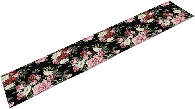 Gothic Floral Table Runner,Vintage Pink Red Rose Flower Print Table Runner for Kitchen Dining Table Indoor Outdoor Home Party Decor,Black 13x60in
