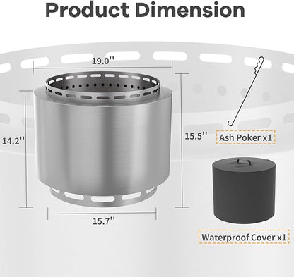 ALAULM Smokeless Fire Pit, 19 Inch Portable Fire Pit for Outside Wood Burning, Includes Ash Poker & Waterproof Cover, No Assembly Required, Solo Stove for Camping, Backyard & Patio (Silver)