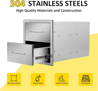 Outdoor Kitchen Drawers 14" W x 15" H x 23" D Flush Mount Double BBQ Drawers with Chrome Handle Stainless Steel Drawer for Outdoor Kitchen Island, Patio Grill Station