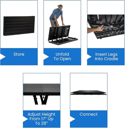 4'x12' MYSTAGE 3 Stage Platform - Portable, Folding Lightweight Aluminum Performance Deck with Adjustable Height 17"-28" - US Patented Design