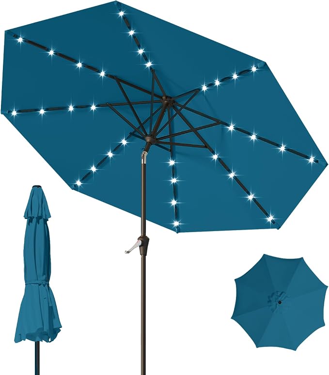 9FT Patio Umbrella with Solar Lights, Outdoor Market Umbrella with Tilt and by YourPerfectOutdoorEscape