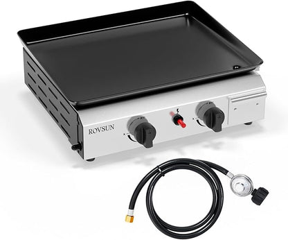 ROVSUN 2 Burner Portable Propane Griddle with Electronic Ignition & Regulator, 20,000 BTU Tabletop Flat Top Gas Grill with Nonstick Enameled Tray for Outdoor Cooking Camping BBQ Tailgating Picnicking
