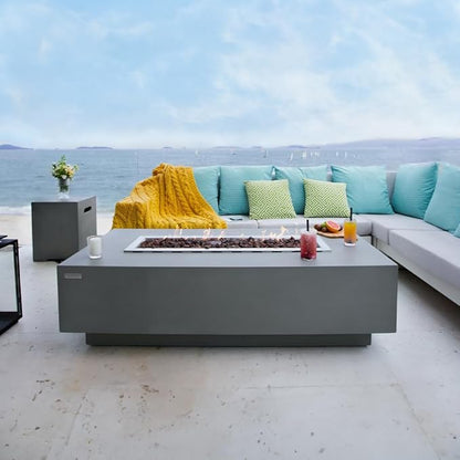 Elementi Granville Fire Pit Bundle Outdoor Firepit Set Includes 60” Natural Gas Concrete Firepit Table, Glass Windscreen, Stainless Steel Cover, Canvas Cover, Floor Mat, and Beverage Tub