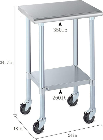 ROCKPOINT Stainless Steel Table for Prep & Work with Caster Wheels 18x24 Inches, NSF Metal Commercial Kitchen Heavy Duty Table with Adjustable Under Shelf and Table Foot for Restaurant, Home and Hotel