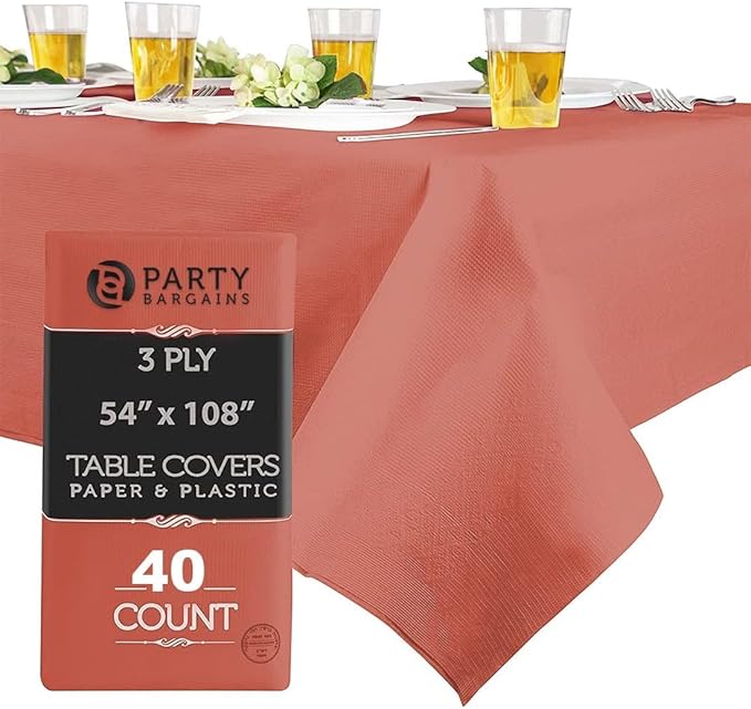 PARTY BARGAINS 40 Disposable Table Covers - 54" X 108" Red Table Cover, 3 Ply Paper & Plastic Tablecloth