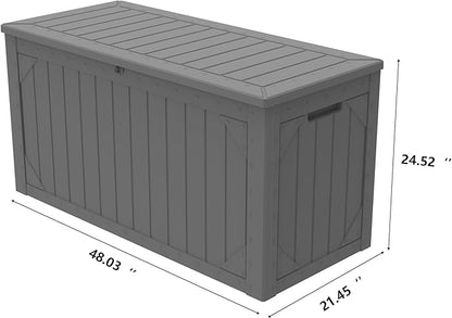 100 Gallon Resin Deck Box, Waterproof Outdoor Storage Box for Patio Furniture, Garden Tools, and Pool Accessories, Lockable UV-Resistant Storage Bin Bench Cabinet for Outside, Grey