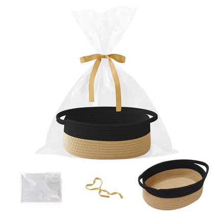 Gift Basket with Gift Bag and Ribbons,Small Rope Woven Shelf Storage,Baskets for Gifts Empty,Birthday,Baby Shower,Decorative Organizer Box with Handles(Black&Jute)