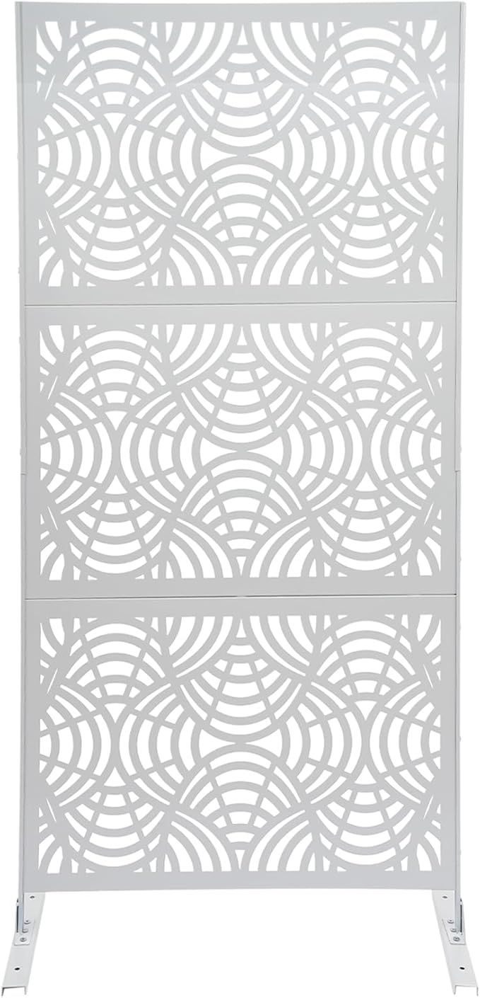 75" H×35" W Decorative Outdoor Privacy Screen with Stand, Outdoor Decor Privacy Fence Screen Metal Fence Panels, Free Standing Metal Divider for Patio Lawn Deck (White -Curved Pattern)