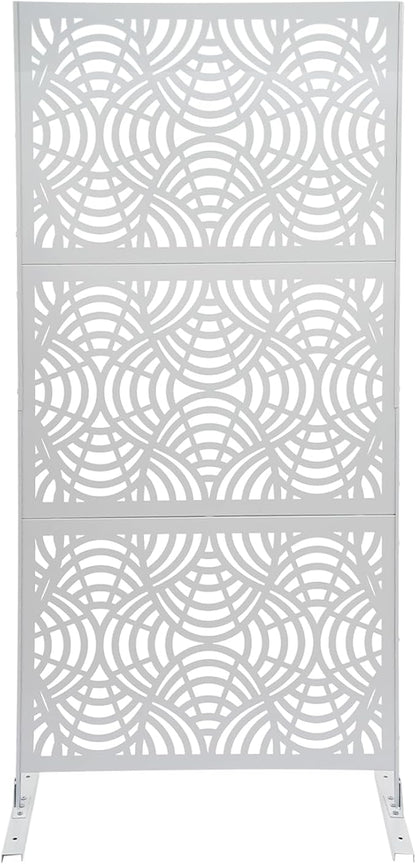 75" H×35" W Decorative Outdoor Privacy Screen with Stand, Outdoor Decor Privacy Fence Screen Metal Fence Panels, Free Standing Metal Divider for Patio Lawn Deck (White -Curved Pattern)