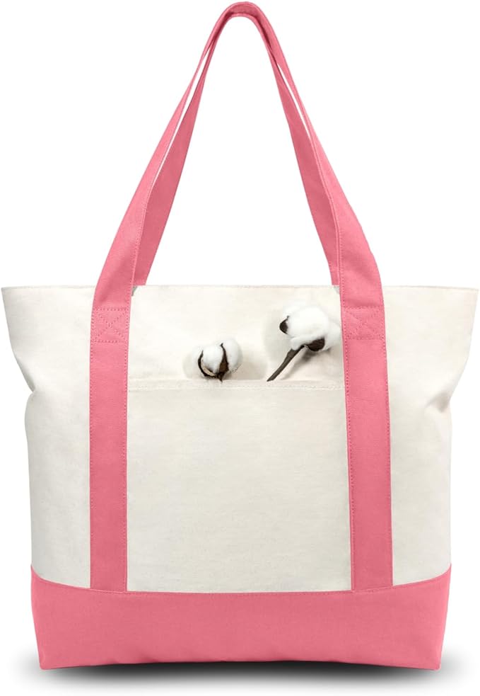 TOPDesign 3-Pack Canvas Tote Bags with an External Pocket, Reusable Grocery Shopping Bags, Top Zipper Closure, Daily Essentials (Rose Pink/Natural)