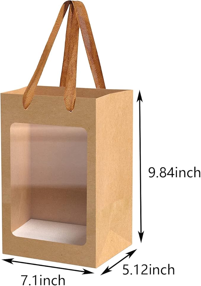 BallHull 12 Pcs Brown Paper Gift Bags with Transparent Window, 9.84"x7.0"x5.12" Kraft Shopping Bags with Handles for Bouquet Christmas Birthdays Festivals Party Weddings Wrapping
