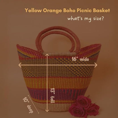 Yellow Orange Picnic Basket, Kitchen & Dining Storage, Reusable Grocery Bag, Countertop Fruits Holder, Farmers Market, Beach, Harvesting, Foraging, Decorative, Wicker, Woven, Boho Style
