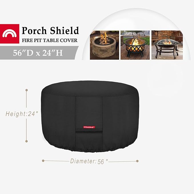 Porch Shield Fire Pit Cover - Waterproof 600D Heavy Duty Fade Resistant Round Patio Fire Bowl Cover Black - 56 inch