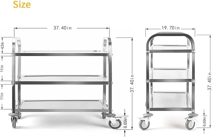 tonchean Extra Large 3 Tier Stainless Steel Cart 37.4 x 19.7 x 37.4 Inch Kitchen Trolley Cart Serving Cart Kitchen Utility Rolling Cart Service Catering Storage Cart with Locking Wheels