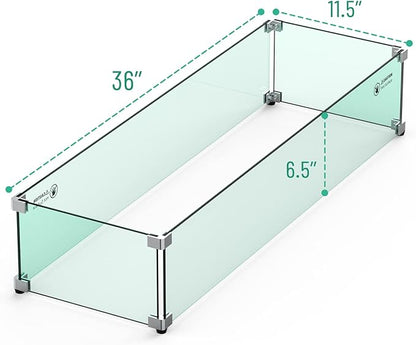 Skyflame Fire Pit Glass Wind Guard, 36" x 11.5" Tempered Glass Windscreen Fits for Linear Firepit Burner Pans, Clear/Thick Fire Table Glass Shields for Outdoor Propane and Gas Pits