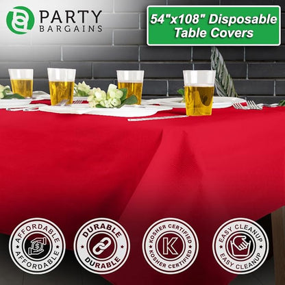 PARTY BARGAINS 10 Disposable Table Covers - 54" X 108" Real-Red Table Cover, 3 Ply Paper & Plastic Tablecloth