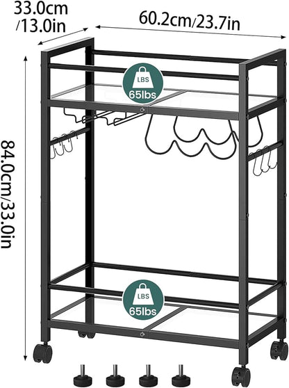 Bar Cart with Wine Rack, Serving Cart for Home, Microwave Cart, Drink Cart, Mobile Kitchen Shelf with Glass Holder, Rolling Beverage Cart for Dining Room (Black)