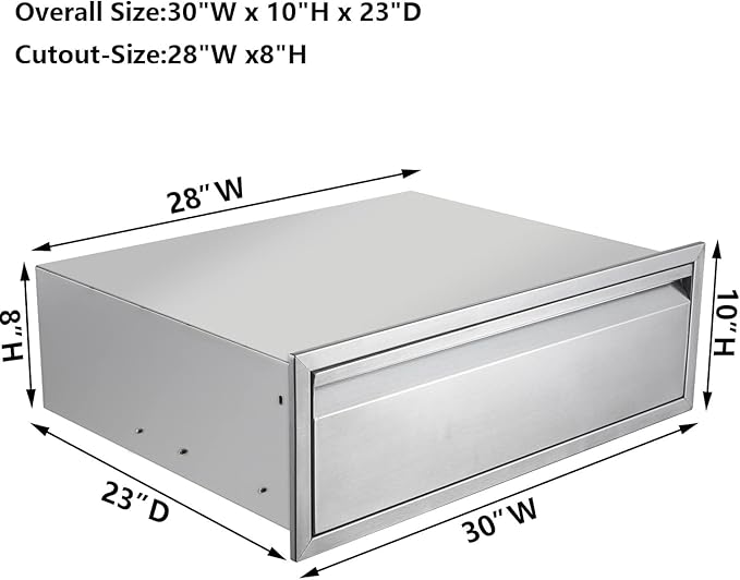 Outdoor Kitchen Drawer, 30" W x 10" H x 23" D Stainless Steel BBQ Single Drawer with Clapboard, BBQ Island Drawers for Outdoor Kitchens or Patio Grill Station