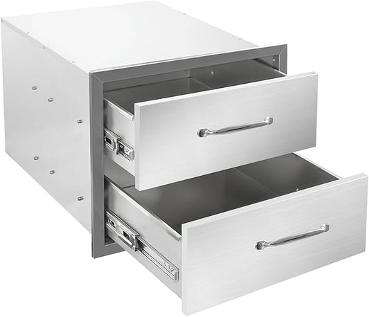 Outdoor Kitchen Drawers 18" W x 15" H x 23" D Flush Mount Double layer BBQ Drawers with Chrome Handle,Stainless Steel Built-in 2-Drawer for Outdoor Kitchen Island, Patio Grill Station