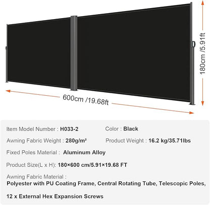 VEVOR Retractable Side Awning, UV 50 71''x 236'' Full Aluminum Rust-Proof Patio Sunshine Screen, 280 g Thicken Privacy Divider & Wind Screen for Courtyard, Balcony, Roof Terraces and Pools, Black