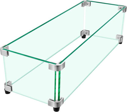 Fire Pit Wind Guard, 23.5" x 7.5" Square Tempered Glass Wind Shield for Firepit & Fire Table, Thick Glass and Easy Installation with Included Tools, Airflow Management for Stable Flame