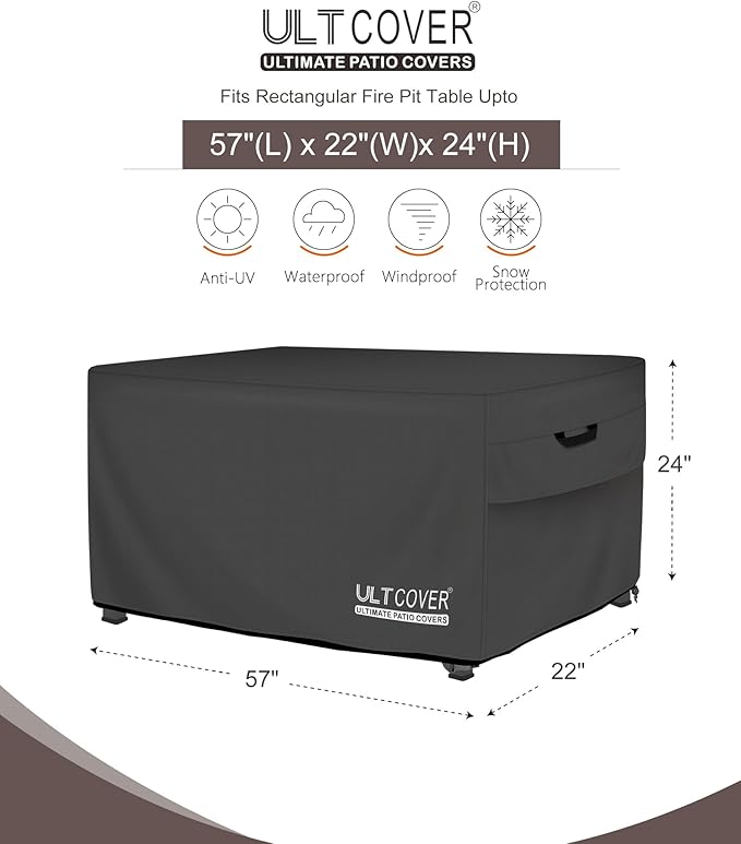 ULTCOVER Rectangular Gas Fire Pit Table Cover 57x22 inch Waterproof Heavy Duty Firepit Cover, Black
