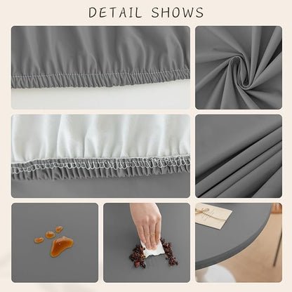 Round Fitted PU Tablecloth with High Elastic Edge 59 Inch Dia Waterproof Oil Proof Table Cloth Anti-Scald Stain-Resistant Wipeable Table Cover for Indoor Outdoor Picnic (Light Grey,59" Dia)