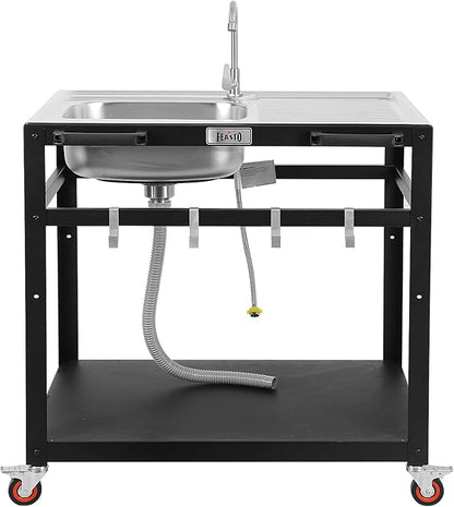 35” Outdoor Grill Cart with Sink, Outdoor Kitchen Sink Station with Hose Hook Up, Free Standing Sink with Wheels, Stainless Steel Sink with Single Bowl, Outdoor Utility Sink with Faucet