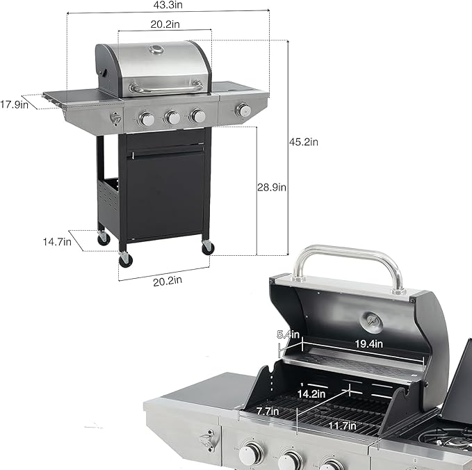 Endark 3-burner propane grill, 37,000 BTU with side-fire function. Stainless steel, enameled cast iron grate, thermometer, wheels. Perfect for patio and garden cooking