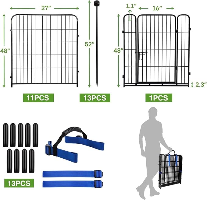 ADAVIN Tall Garden Fence Border with gate, 48 in(H) 12 Panels Total 26.6 Ft(L), Wide Door Low Threshold Fences, Black Iron Metal Heavy Duty Dog Fence Outdoor for Yard or Camping, Flower Bed Fencing