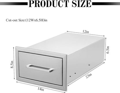 Outdoor Kitchen Drawers,Stainless Steel BBQ Drawer, 14" W x 8.5" H x 23" D Flush Mount Single Access Drawer for Outdoor Kitchen,BBQ Island