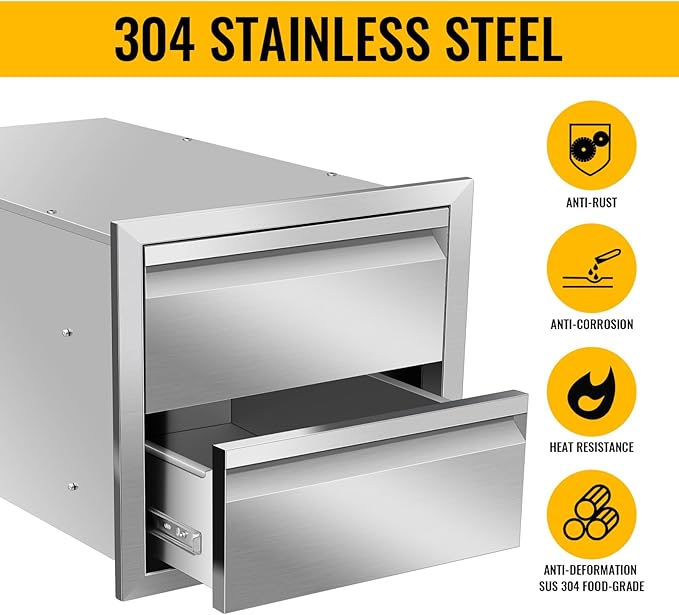 Outdoor Kitchen Drawers, Box Frame Style Flush Mount BBQ Drawer w/Stainless Steel Handle, BBQ Island Drawers For Patio Grill Station,Double Drawers