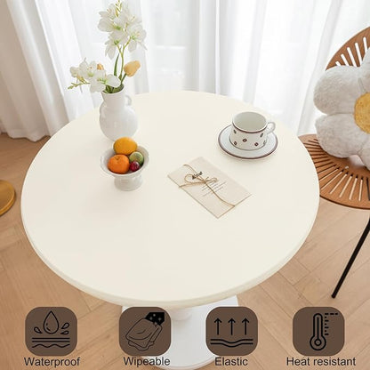 Round Fitted PU Tablecloth with High Elastic Edge 51 Inch Dia Waterproof Oil Proof Table Cloth Anti-Scald Stain-Resistant Wipeable Table Cover for Indoor Outdoor Picnic (Cream,51" Dia)