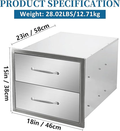Outdoor Kitchen Drawers 18"Wx15"Hx23"D Flush Mount Access 2-Drawer BBQ Stainless Steel Drawers with Handle for Outdoor Kitchen Island or Grill Station