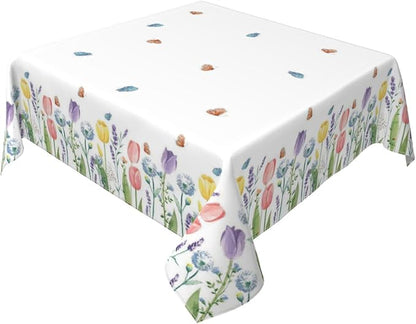 Spring Floral Tablecloth 54 x 54 Inch Square, Tulip Lavender Flower Decorative Tablecloths Stain Resistance Polyester Beautiful Flower Table Cloth for Holiday Parties Kitchen Dining Indoor Outdoor