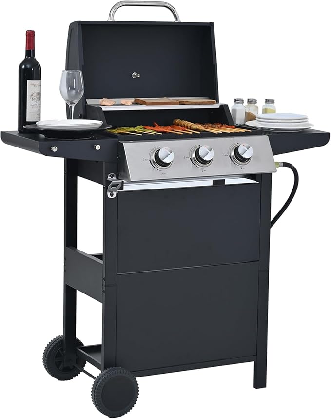 Endark 26,000 BTU 3-Burner Propane Grill with stainless steel design, enamel grates, built-in thermometer, and movable side rack. Ideal for all outdoor cooking
